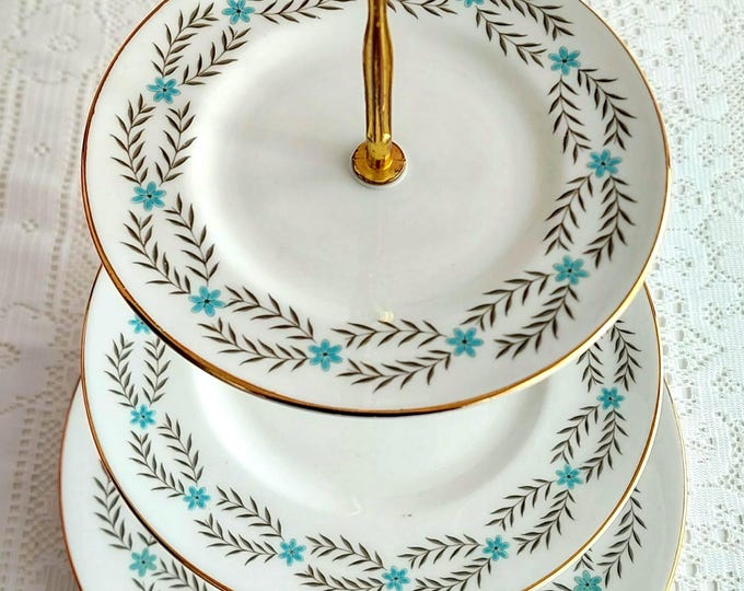 Vintage Bone China Cake Stand: Turquoise Blue Floral Dessert Server