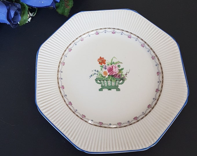 Antique Wood & Sons, Pattern A8313, Antique Plate, Flower Bouquet, Flower Basket Urn, Floral Garland, Ribbed Rim, Blue Edge, England, 1910