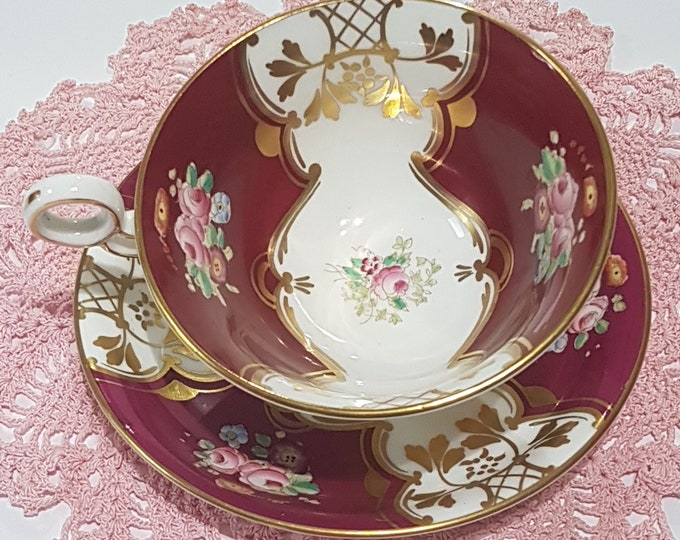 Tea Cup and Saucer Antique Samuel Radford, Hand Painted RADFORDS Red Panels Pink Roses, Wide Mouth Teacup, Made in England, 1920s