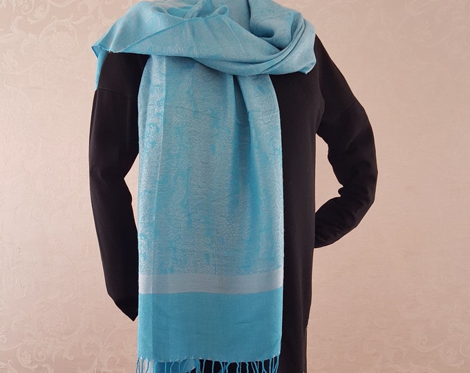 Pashmina Silk Shawl, Vintage Pashmina Scarf, Blue Evening Shawl, Pashmina Wrap, Gifts for Her