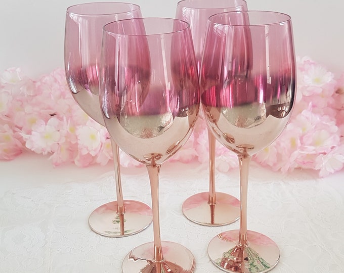 Pink Tall Wine Glasses with Silver Fade, 20oz Goblets, Set of 4