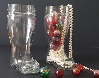 Pair of Glass Santa Boots, Set of 2 Vintage Glass Boot, 9.5 Inch Tall, 40 oz Beer Boot, Candy Dish, Christmas Holiday Decor