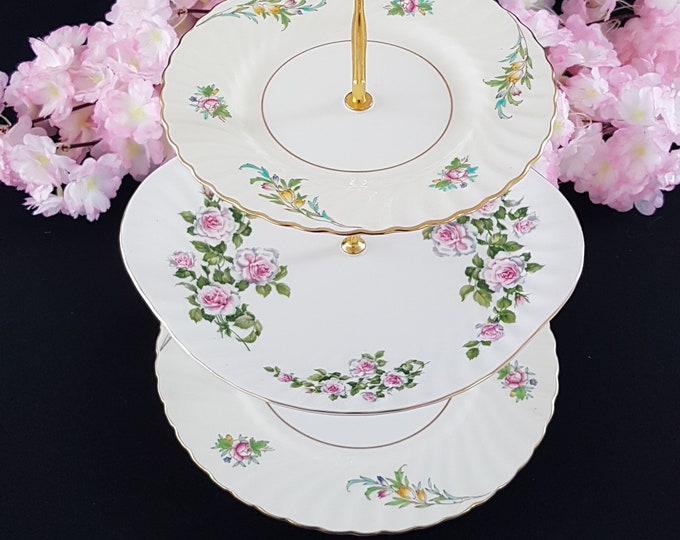 3 Tier Cake Stand, Mismatched Floral Bone China Plates by Minton and Royal Vale, Tea Party, Serving Tray