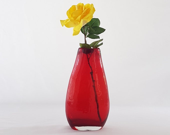 Vintage Art Deco Ruby Red Blown Glass Vase, 10 inch Tall