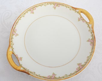 Antique Elite Works Limoges Porcelain Cake Plate, Bawo Dotter, Pattern BWD114, Pink Roses, Made in France, 1920s