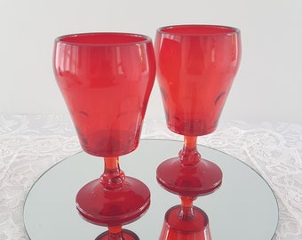 Paden City Glass, POPEYE and OLIVE Ruby Red Depression Glass Wine Goblets, Set of 2