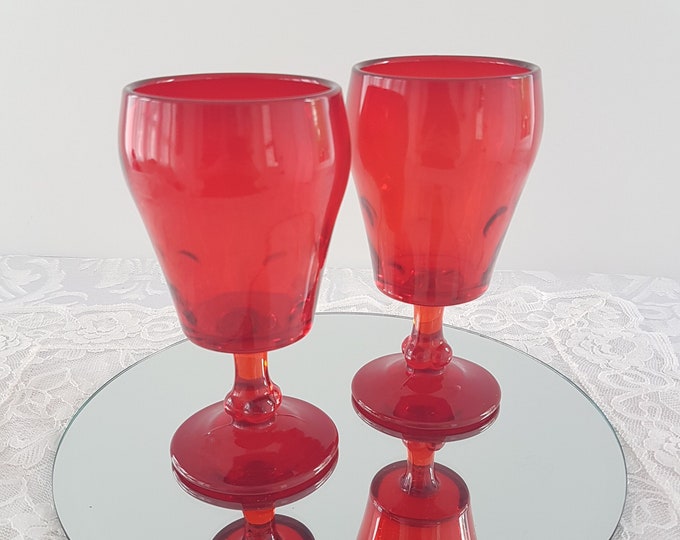 Paden City Glass, POPEYE and OLIVE Ruby Red Depression Glass Wine Goblets, Set of 2