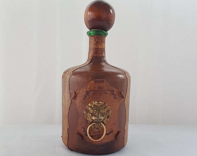 Vintage Leather Wrapped Bottle, Whiskey Decanter with Lion Metal Doorknocker, Medallions, Empty Bottle, Made in Italy