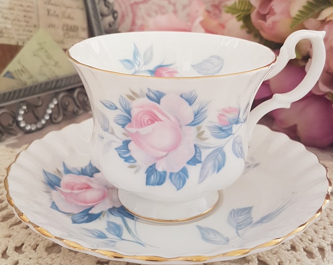 Vintage Royal Albert Tea Cup and Saucer, Pink Rose, Blue Leaves, English Bone China