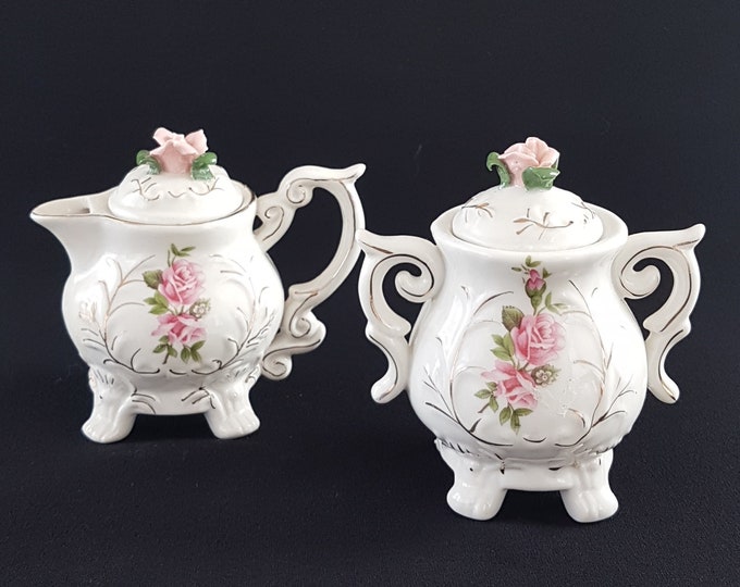 Vintage Porcelain Cream and Sugar Set with Pink Roses, Shabby Chic Afternoon Tea Party
