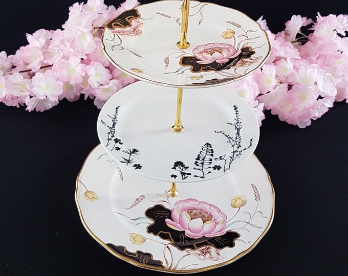 3 Tier Cake Stand, Mason's WATER LILY Ironstone, Pink Black White Floral Cake Stand, Tea Party, Serving Tray