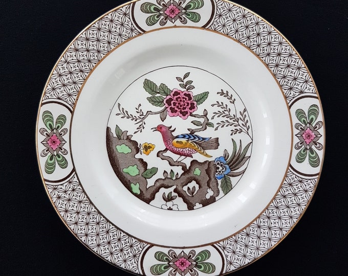 NAN-KIN by Barratts of Staffordshire,  8 Inch, Vintage Dessert Plates, Multicolor Pheasant in Tree, Sets of 4, Made in England, 1940s