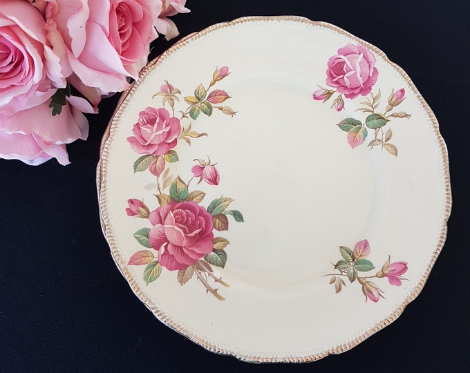 Dinner Plates, Royal Swan Pink Roses on Ivory, 22KT Gold. Pattern RSN1, 10 Inch, Set of 5, Made in England, 1950s