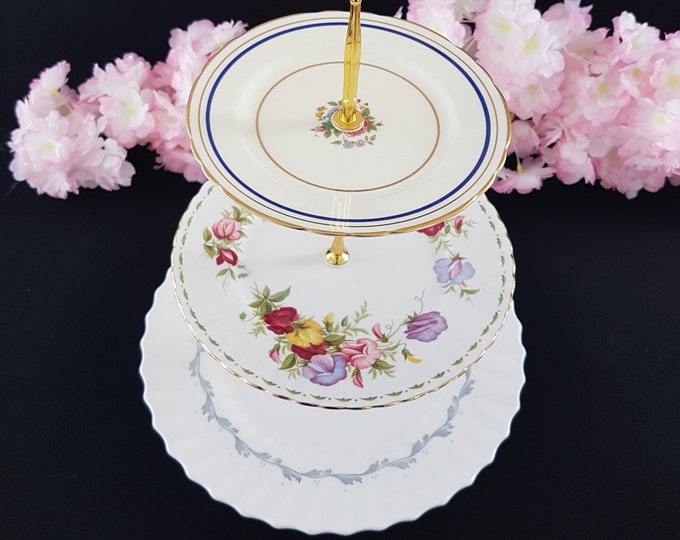 3 Tier Cake Stand, Vintage Floral Plates by Aynsley, Royal Albert, Royal Doulton, APRIL Birthday Gift, Tea Party, Serving Tray