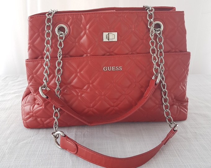 Vintage GUESS Red Quilted Faux Leather Shoulder Bag with Silver Chain Shoulder Straps