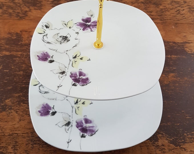 2 Tier Cake Stand, Small Cake Stand, Purple Floral Square Plates, CHOICE of Gold or Silver, Afternoon Tea, Dessert Display