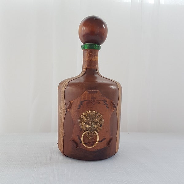 Vintage Leather Wrapped Bottle, Whiskey Decanter with Lion Metal Doorknocker, Medallions, Empty Bottle, Made in Italy