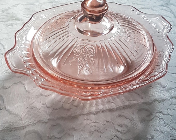1930s Anchor Hocking MAYFAIR Pink Glass Butter Dish with Lid or Cheese Keeper