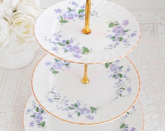 Royal Adderley Forget-Me-Not 3 Tier Bone China Cake Stand Blue Floral Dessert Stand