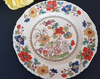 Mason's BIBLE (Green Bible), Vintage Dinner Luncheon Plate, Hand Painted, Pattern C2639, Yellow Orange Blue Flowers, 1930s