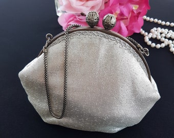 Shimmery Silver Evening Bag, Vintage Hang From Wrist Purse, Kiss Lock, Hong Kong, 1960s
