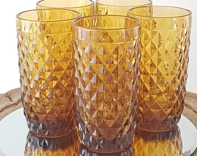 Pier 1 Diamond Point Amber Beer Glasses, Set of 5 Mid Century Modern Style, 14oz Water Glasses