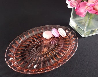 Jeannette Glass, WINDSOR DIAMOND Pink, 11 Inch Oval Serving Platter, Vintage Pink Depression Glass, 1930s