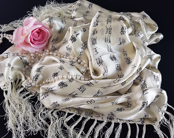 Vintage 100% Silk Scarf with Chinese Calligraphy Characters, Silk Shoulder Wrap