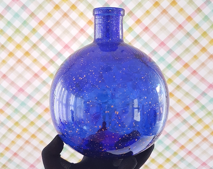 Round Cobalt Blue Glass Vase Bottle, 8 inch, Empty Bottle with Cork Stopper