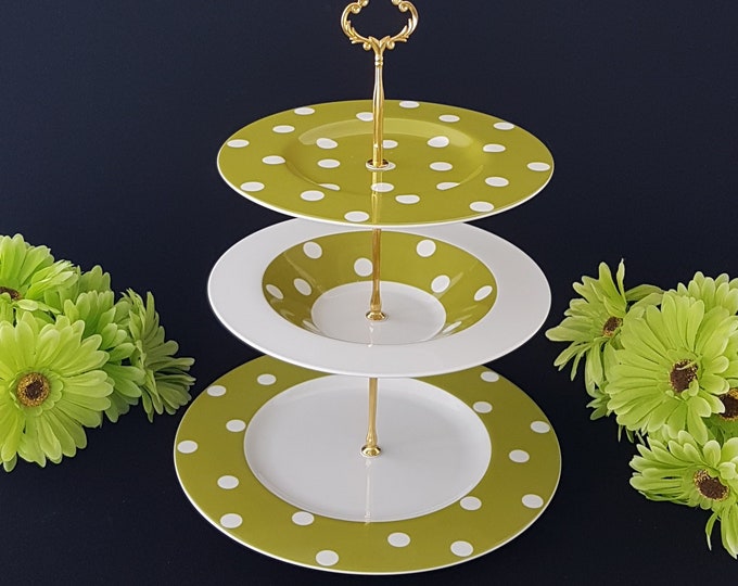 3 Tier Cake Stand, Royal Fine China FRESHNESS DOTS OLIVE Green, Dinner Plate, Salad Plate, Soup Bowl,  Mad Hatter Tea Party Serving Tray