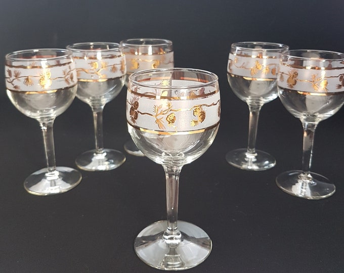 Vintage Libbey Gold Pine Cones on Frosted Glass, Wine Glass Set of 6, Mid Century Barcart, 1960s