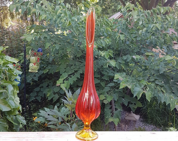 Vintage Viking Glass Epic Persimmon Orange Swung Glass Vase, Amberina, 6 Petal, 22 inch - FREE Shipping