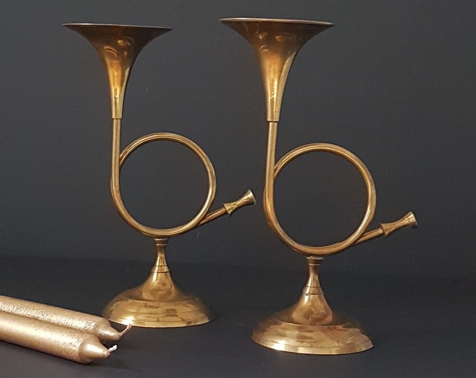 Brass Horn Candlestick Holders, 10 Inch, Set of 2 Vintage Indian Brass Candle Holders, Brass Christmas Decor, Made in India