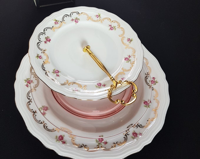 3 Tier Cake Stand, Mismatched Bone China and Pink Depression Glass, Tea Party Serving Tray