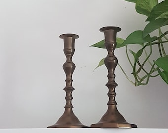Indian Brass Candle Sticks, 7 inch Pair of Vintage Taper Candle Holders, Tarnished Brass Patina, Made in India