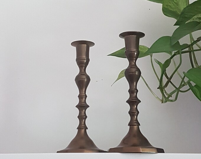 Indian Brass Candle Sticks, 7 inch Pair of Vintage Taper Candle Holders, Tarnished Brass Patina, Made in India