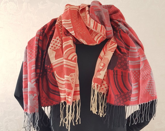 Pashmina Shawl, Vintage Pashmina Scarf, Red Evening Shawl, Pashmina Wrap, Gifts for Her