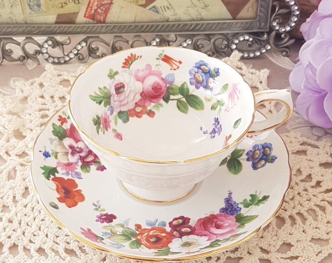 Floral Tea Cup and Saucer, Vintage Grosvenor China, Ye Olde English, Bone China, Pink Rose Floral Pattern, Made in England, 1950s