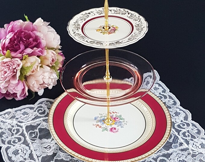 3 Tier Cake Stand, Mismatched Pink Depression Glass Paragon Bone China in Maroon Red, Tea Party Serving Tray