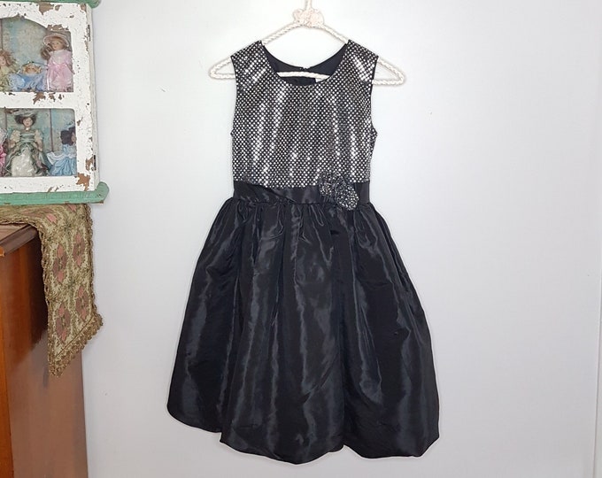 Vintage Girls Black Silver Polka Dot Party Dress, Size XL 14-16, Zippered - Free Shipping