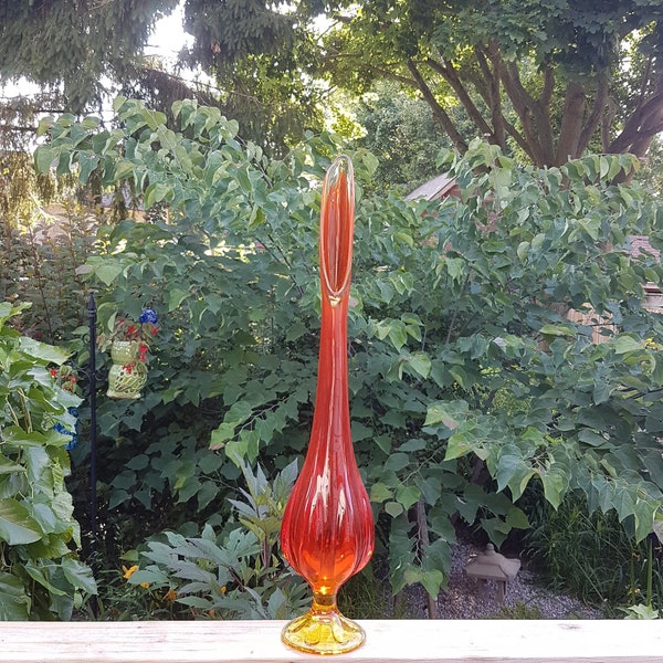 Vintage Viking Glass Epic Persimmon Orange Swung Glass Vase, Amberina, 6 Petal, 22 inch