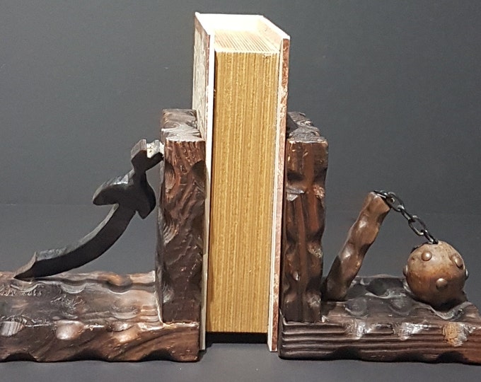 Hand Carved Vintage Bookends, Gothic Flail (Ball and Chain), Sword, Medieval Decor Book Ends, Made in Spain