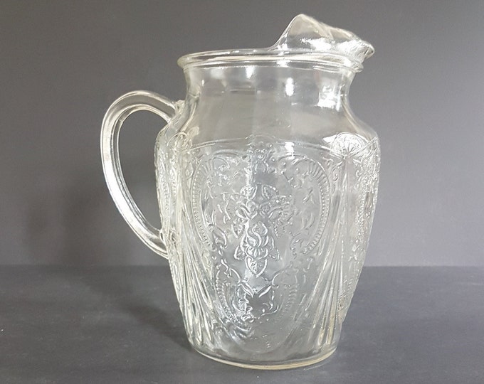 Vintage Hazel Atlas ROYAL LACE Pitcher, Clear Crystal, Large Drinks Jug,  12 cups, 96 ounces, Collectible Depression Glassware, 1930s