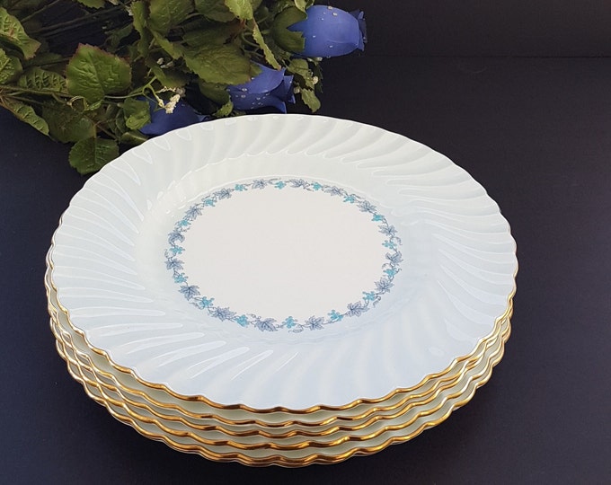 DinnerPlates, Minton VINEYARD, Pale Blue, Pattern S-574, Hand Painted Grapes, Grape Leaf, Blue Swirl Rim, 10.75 Inch, Sold Individually