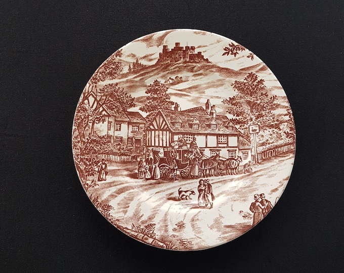 Broadhurst SWAN INN, Set of 5 Side Plates, Brown Transferware of English Scene on Ironstone, Made in England