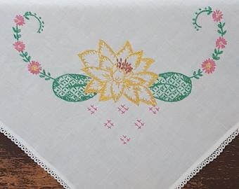 Vintage Hand Embroidered Tablecloth, Square Table Topper, 33 x 33 inch, Accent Side Table Cloth, Yellow Pink Flowers