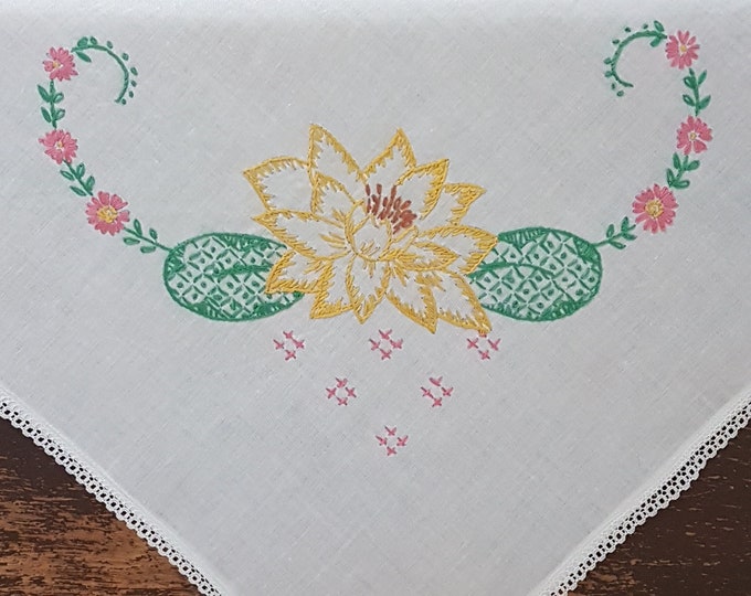 Vintage Hand Embroidered Tablecloth, Square Table Topper, 33 x 33 inch, Accent Side Table Cloth, Yellow Pink Flowers