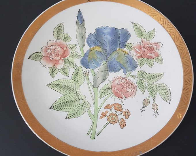 China Trader, Hand Painted, 10.25 Inch Decorative Wall Plate, Blue Iris Pink Roses