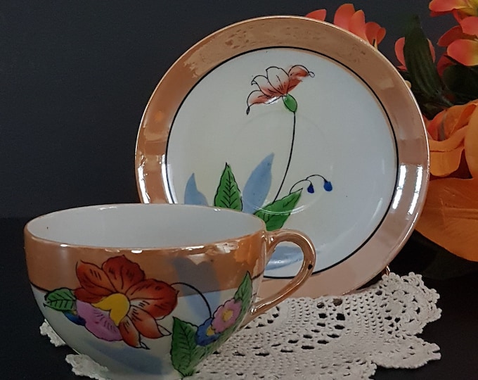 Tea Cup and Saucer, Vintage Hand Painted Japan, Peach Lusterware Florals, Porcelain Tea Set, Made in Japan
