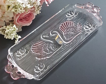 Vintage Mikasa Crystal Swan Rectangular Serving Plate with Pink Swan Handles, Pink Accents, Walther Glass West Germany, 1980's